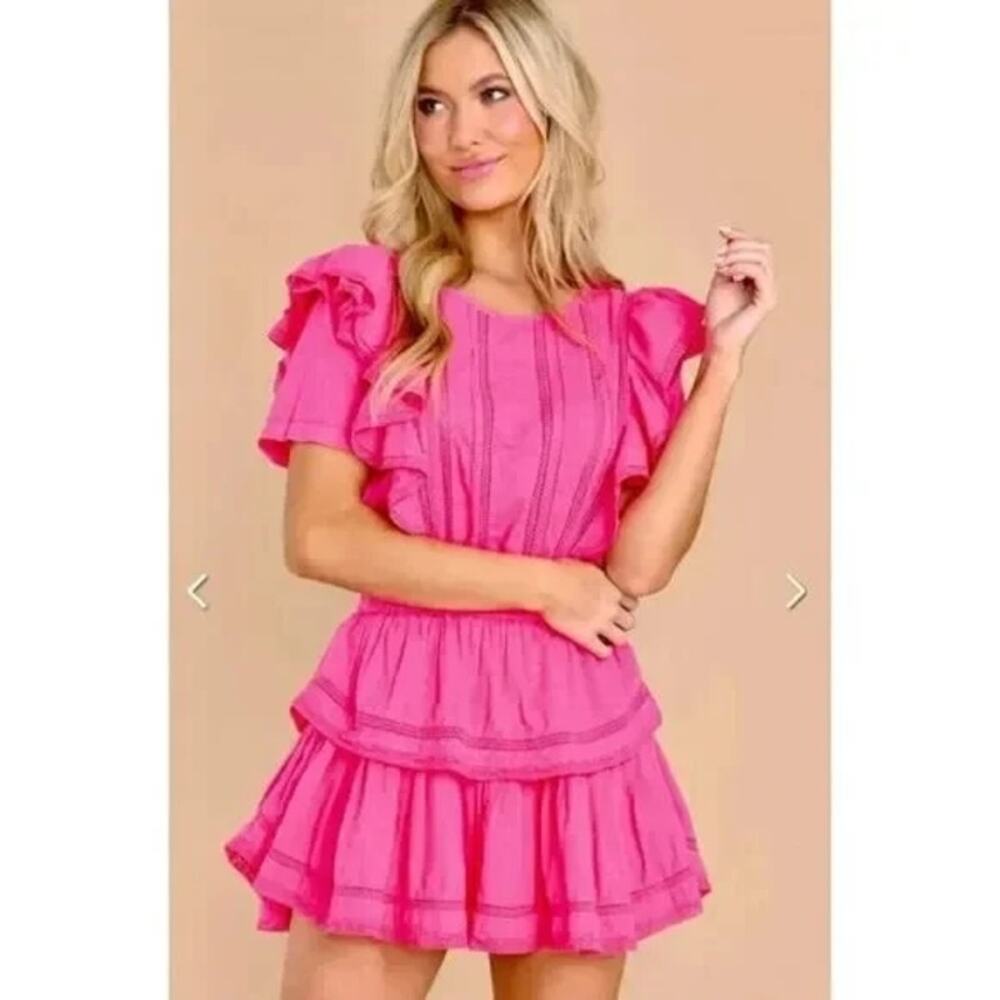 Loveshackfancy Natasha Watermelon Ice Pink Ruffle Lace Cotton Mini Dress GUC XL